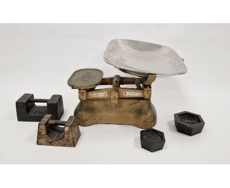 Vintage set of scales by W and T Avery, together with assorted weights in ounces, pounds etc