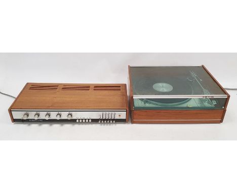 Vintage HMV turntable, manufactured by Lenco, housed in a teak case, model no.2405 and a HMV vintage amplifier receiver&nbsp;