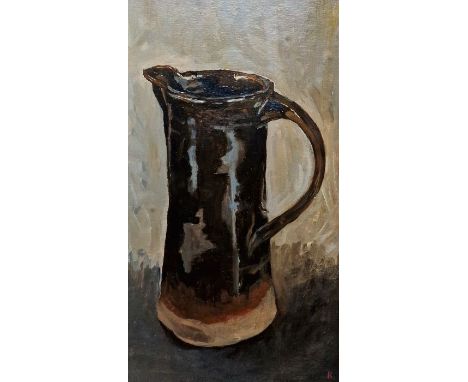 20th century school oil Still life study of stoneware treacle glazed jug, initialled 'R' lower right, 29cm x 16cm&nbsp;