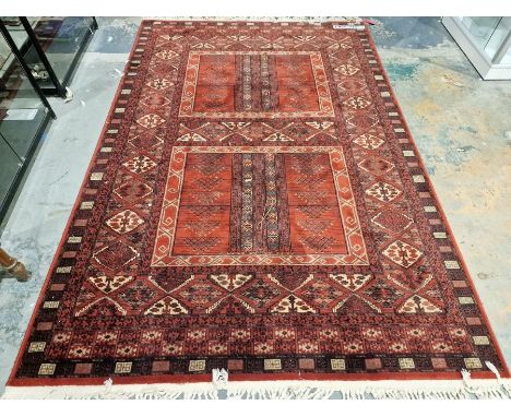 Modern Royal Keshan red ground wool pile carpet with central duplicated rectangular design with multiple geometric borders 29