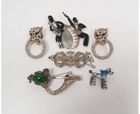 Pair of Butler &amp; Wilson leopard clip-on earrings, a silver-coloured metal and blue enamel poodle brooch, two other brooch