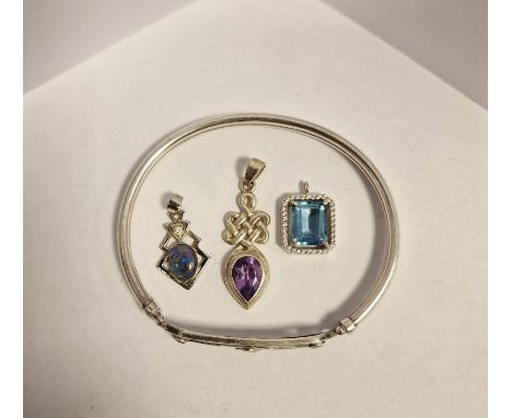 Silver Celtic-style gemstone bangle and three gemstone pendants&nbsp;