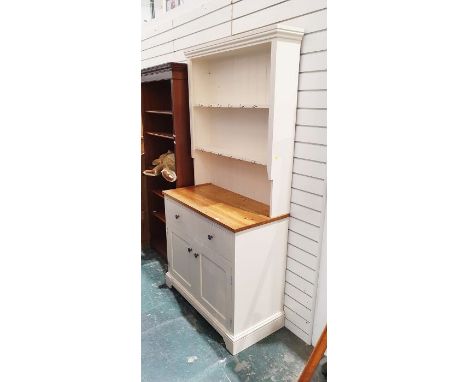 Modern painted pine dresser&nbsp;with moulded cornice, two shelves to rectangular top, two drawers above two cupboard doors, 