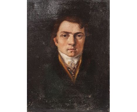 19th century schoolOil on canvasHead and shoulders portrait study, figure in white cravat and white coat, unsigned, 21cm x 15