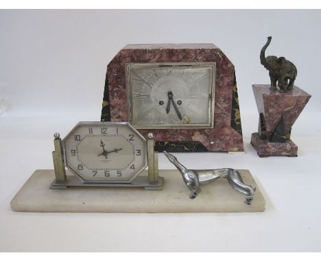 Early 20th century part clock garniture, the pink veined marble body with square dial, with Roman numerals and garniture of s