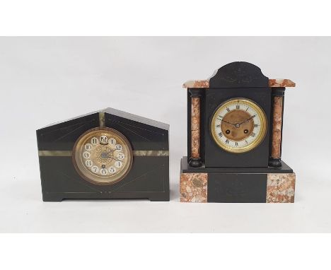 A late Victorian black and pink marble mantel clock,&nbsp;brass bezel surrounding ceramic chapter ring with roman numerals. F