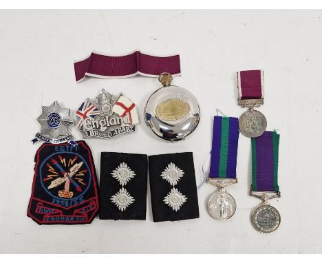 Regular service long service medal, a campaign service medal, a 1954-55 Egypt cloth badge, a compass&nbsp;and a belt marked '