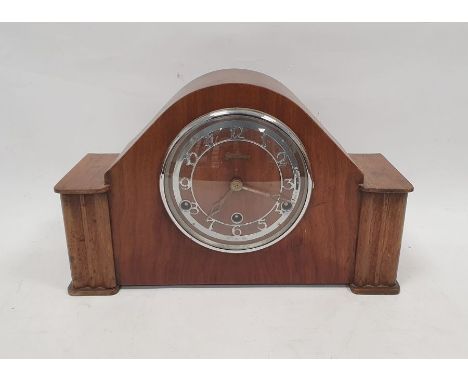 Early to mid 20th century oak cased mantel clock&nbsp;with pierced, chromed chapter ring, stamped 'British Made', Westminster