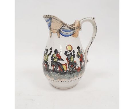 19th century Staffordshire pottery jug, transfer printed with minstrel band decoration titled 'I wish I was in Dixay land' 'S