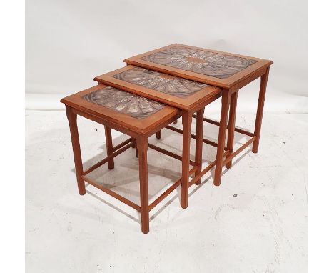 Mid century modern tile topped teak nesting coffee tables marked 'Made in Denmark, by Mobelfabrikken Toften'