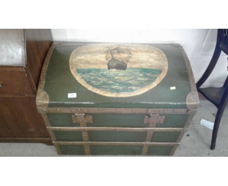 A painted dome top trunk depicting a sailing ship