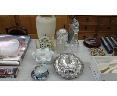 A good quality silver plated entree dish and cover; a soda syphon; two decanters; an oriental teapot; a large vase etc. 