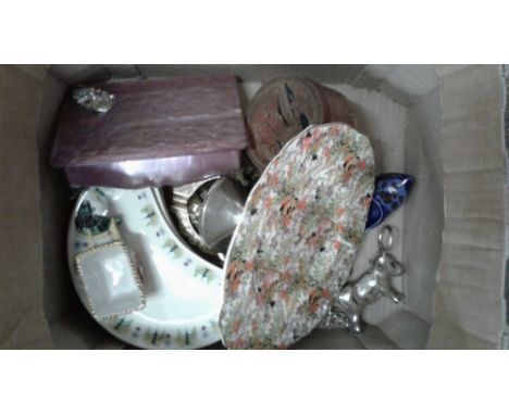 A box of various china to include a comport together with a corkscrew; a pair of brass nutcrackers etc.