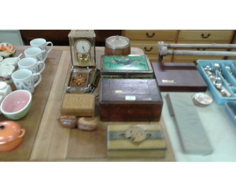 A 19th Century walnut and inlaid trinket box; together with  a brass and glass anniversary clock; an oak ice bucket etc. 