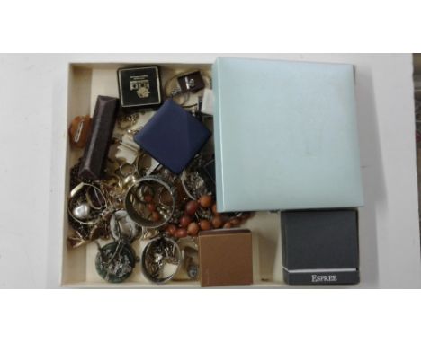 A tray of various jewellery to include a gate link bracelet; a white metal bangle; a silver necklace; a silver gilt 'Love You