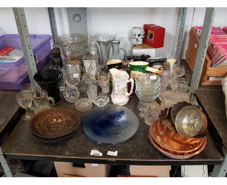 Collection of glassware to include decanters, jug, ceramic Toby jugs, ceramics &amp; other items