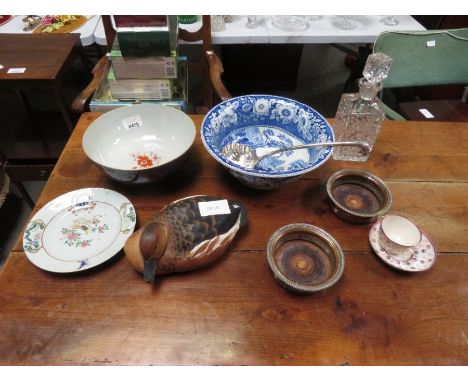 Chinese export bowl, a Chinese export plate, silver plated ladle, wooden duck &amp; other items