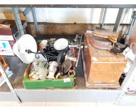 Cased sewing machine, painted bellows, scales &amp; other collectables