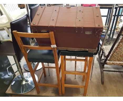 2 vintage beech framed stools along with a trunk
