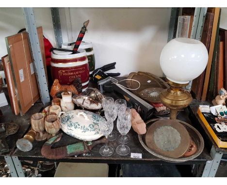 2 ceramic whisky barrels with lids, brassware, Middle Eastern style dagger, goblets &amp; other items