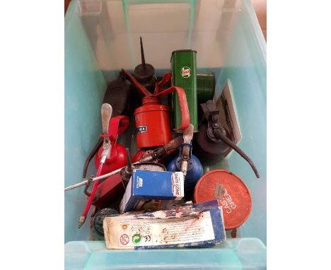 Collection of vintage oil dispensers, Castrol oil cans &amp; other automobile equipment
