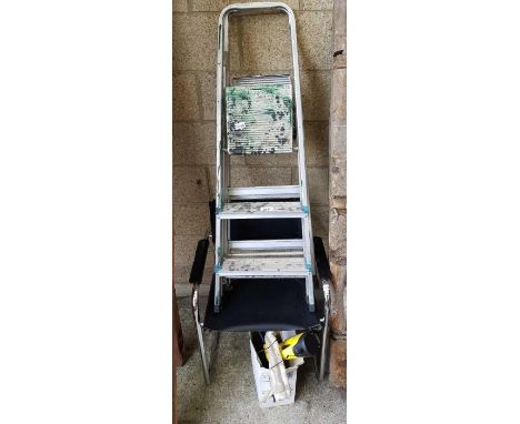 2 aluminum step ladders, Italian style chrome and leatherette chair and other equipment