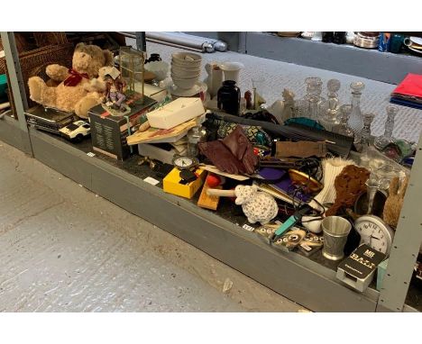 2 shelves of items to include wicker baskets, glass &amp; metal display case, mantle clocks, scales &amp; other items
