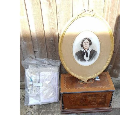 A collection of Victorian and later textiles to include studs, collars, nightgowns and other items, a Victorian mourning phot