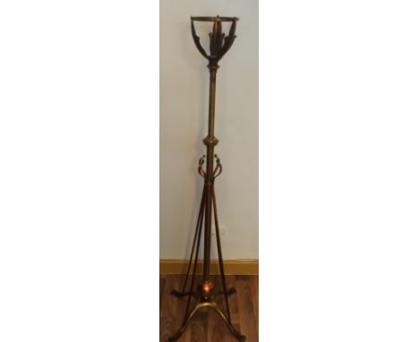 An early C20th brass telescopic adjustable copper standard oil lamp in the Art Nouveau manner by Benson (Benson William Arthu
