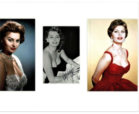 Sophia Loren signed vintage b/w photo. Mounted between 2 colour photos. Loren became an international film star following her