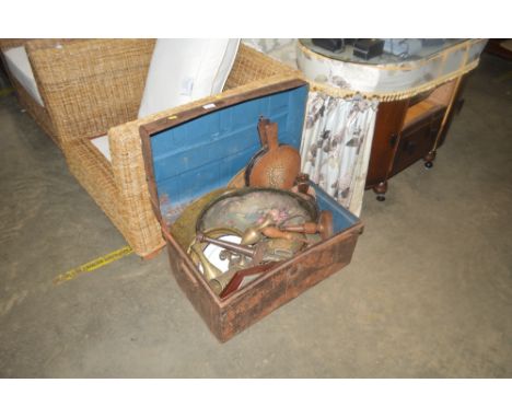 A tin trunk and contents of various metalware; nut crackers; a pair of bellows etc
