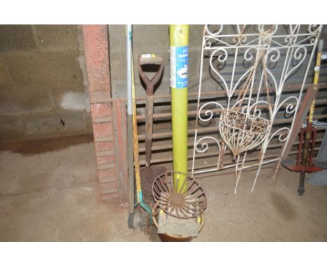 A quantity of gardening tools, planters, drain rods set etc.