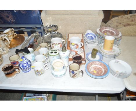 A quantity of various commemorative mugs; soup cups; various bowls; silver plated items etc