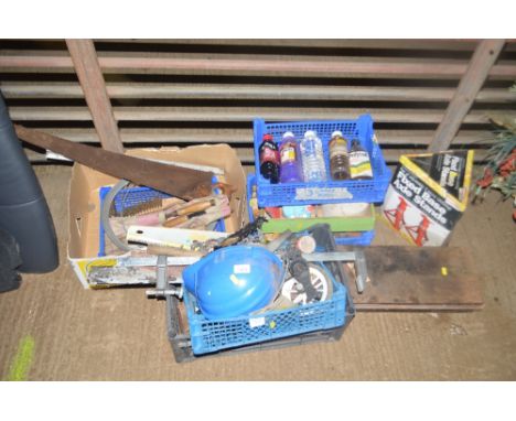 Five plastic trays of various tools; and a fixed based axle stand set