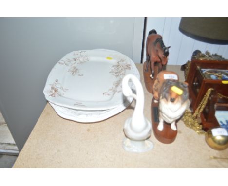 A Beswick collie together with a Royal Doulton horse; Nao figure of a goose and two serving plates