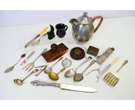 A mixed lot to include a Lion Pewter teapot, white metal toasting fork and embossed spoon, vintage tape measure, pocket watch