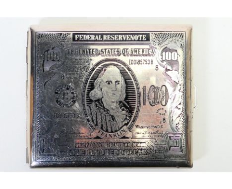A vintage white metal cigarette case decorated to front and back with an image of a USA Benjamn Disraeli $100 bill, good cond
