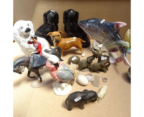 A pair of Edwardian mantel Spaniels, and another, a Jena fish, height 23cm, a Beswick cockatoo 1180 etc 