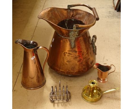 A large copper coal jug, brass chamber stick, silver plated toast rack etc 