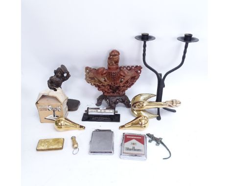 Various collectables, including Mamod polishing machine, large Oriental soapstone carving, large brass swan door knocker etc 