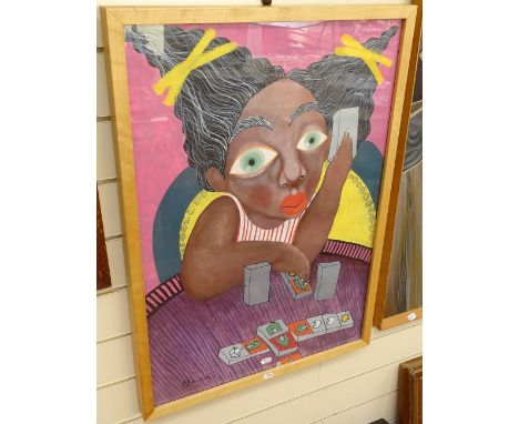Victor Mora (Cuban), mixed media painting, portrait of a child, 27" x 19", framed 