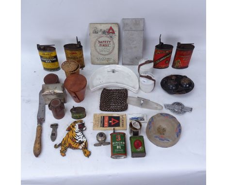 Various Vintage motoring ephemera, including enamel tiger badge, tin Atlantic bulb box, oil cans, ceramic travelling picnic p