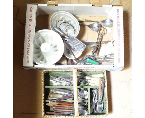 Various kitchenalia, including silver plated cutlery, ceramic jelly moulds etc 