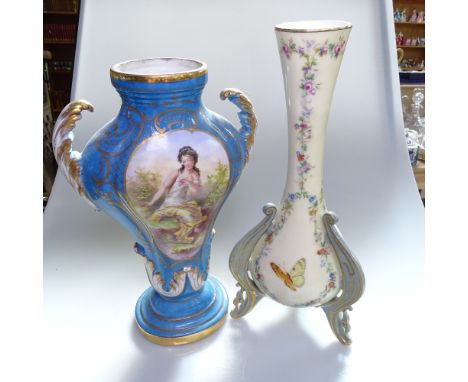 Sevres porcelain vase with portrait panel, 27.5cm, and a Continental vase on tripod support, with butterfly and floral decora