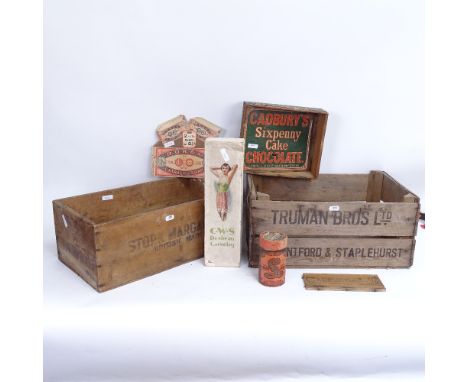 Various Vintage containers and advertising signs, including Borax, Cadbury's etc 