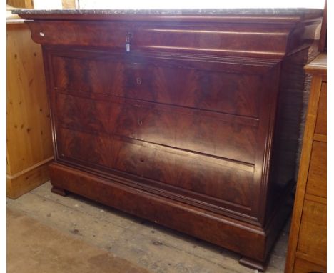 A 19th century French rosewood and marble-top commode, with 4 long drawers, on plinth base, W130cm 