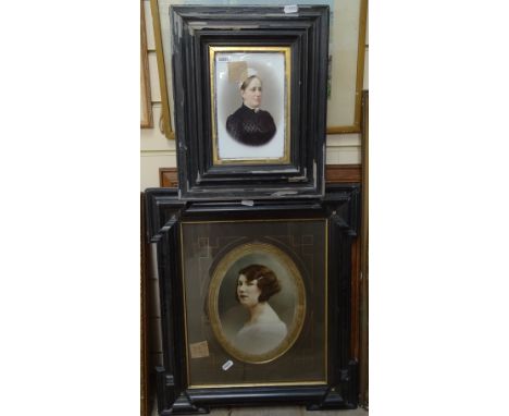 2 19th century portraits on enamel panels, and an early 20th century photographic portrait, framed 
