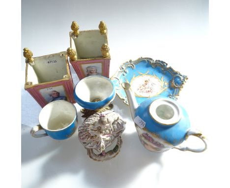 A pair of Sevres pots with portrait decoration, a similar Sevres teapot (lacking lid), a figure etc 