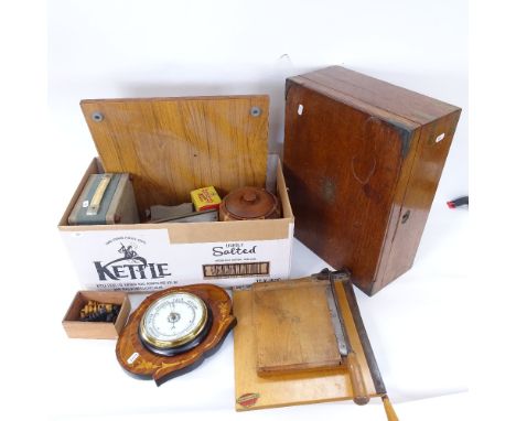 Various collectables, including marquetry inlaid aneroid barometer, chess board, Vidor radio, paper guillotine etc 