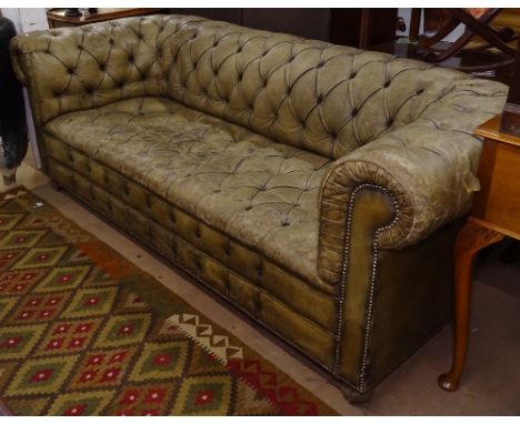 An olive green button-back Chesterfield 3-seater settee, L220cm 